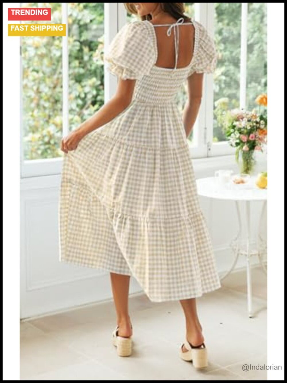 Boho Midi Dress Puff Sleeve Square Neck Flowy Beach Casual - Picture 3 of 6